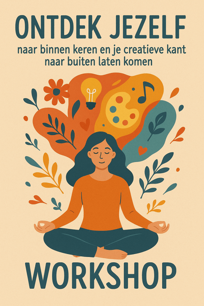 Een kleurrijke illustratie met de tekst 'ONTDEK JEZELF' en 'WORKSHOP', waarin een vrouw in kleermakerszit zit met een serene uitstraling, omringd door artistieke elementen zoals verfpaletten, muzieknoten en bladeren.